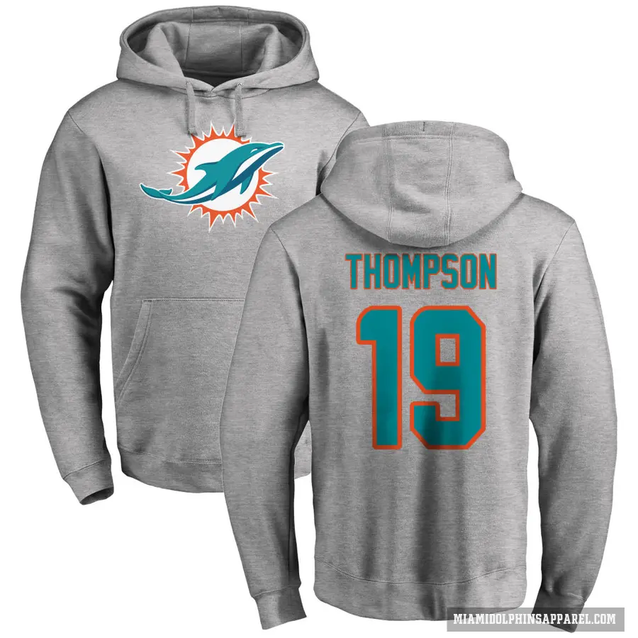 Men's ＃19 Skylar Thompson Miami Dolphins Pro Line Ash Name & Number Logo Pullover Hoodie