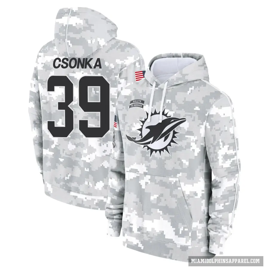 Men's ＃39 Larry Csonka Miami Dolphins Arctic Camo 2024 Salute to Service Club Fleece Pullover Hoodie