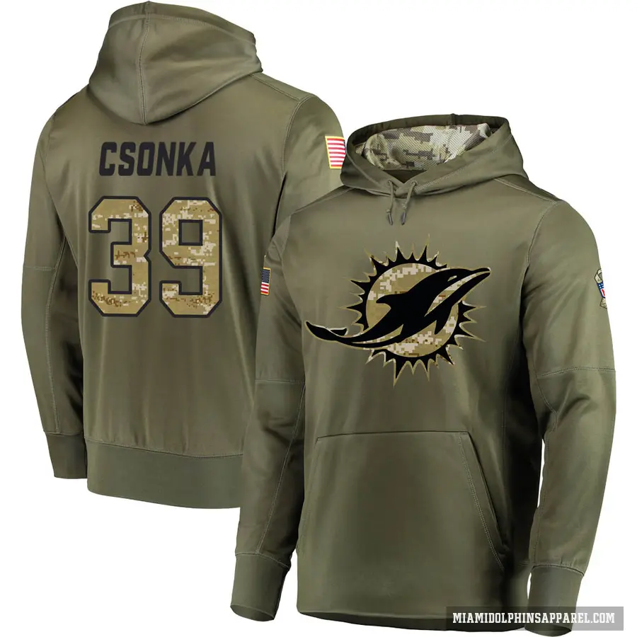 Men's ＃39 Larry Csonka Miami Dolphins Olive Salute to Service Pullover Hoodie