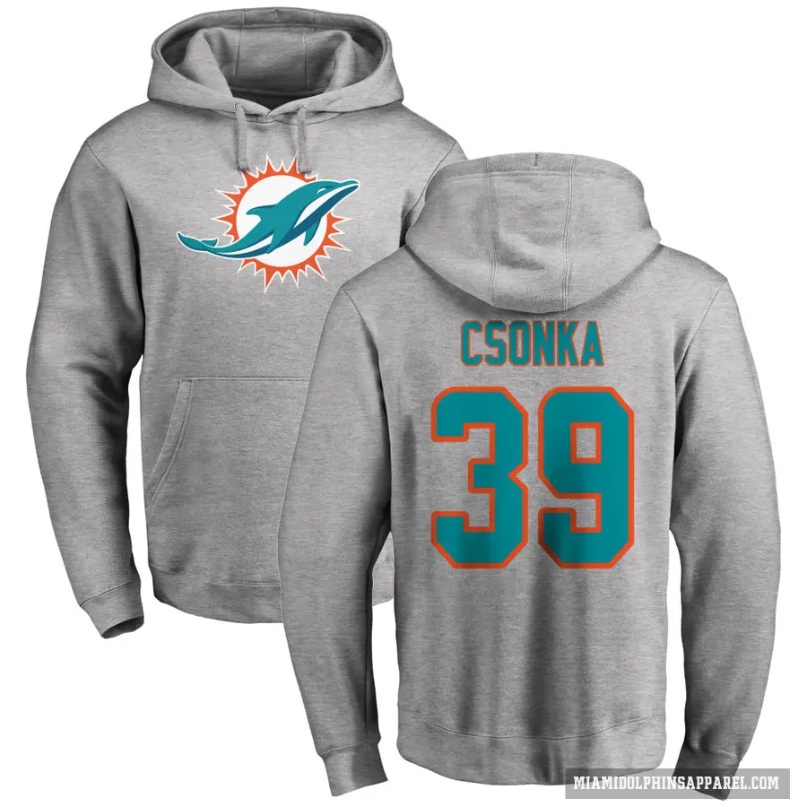 Men's ＃39 Larry Csonka Miami Dolphins Pro Line Ash Name & Number Logo Pullover Hoodie