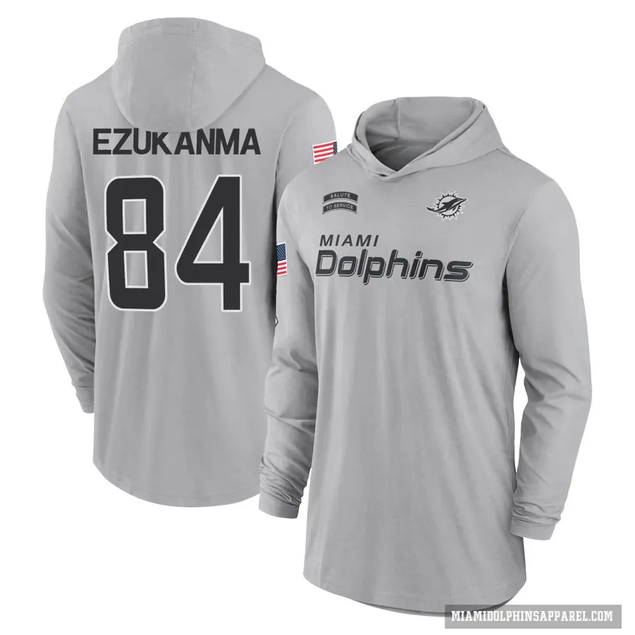 Men's ＃84 Erik Ezukanma Miami Dolphins Gray 2024 Salute to Service Lightweight Performance Long Sleeve Hooded T-Shirt