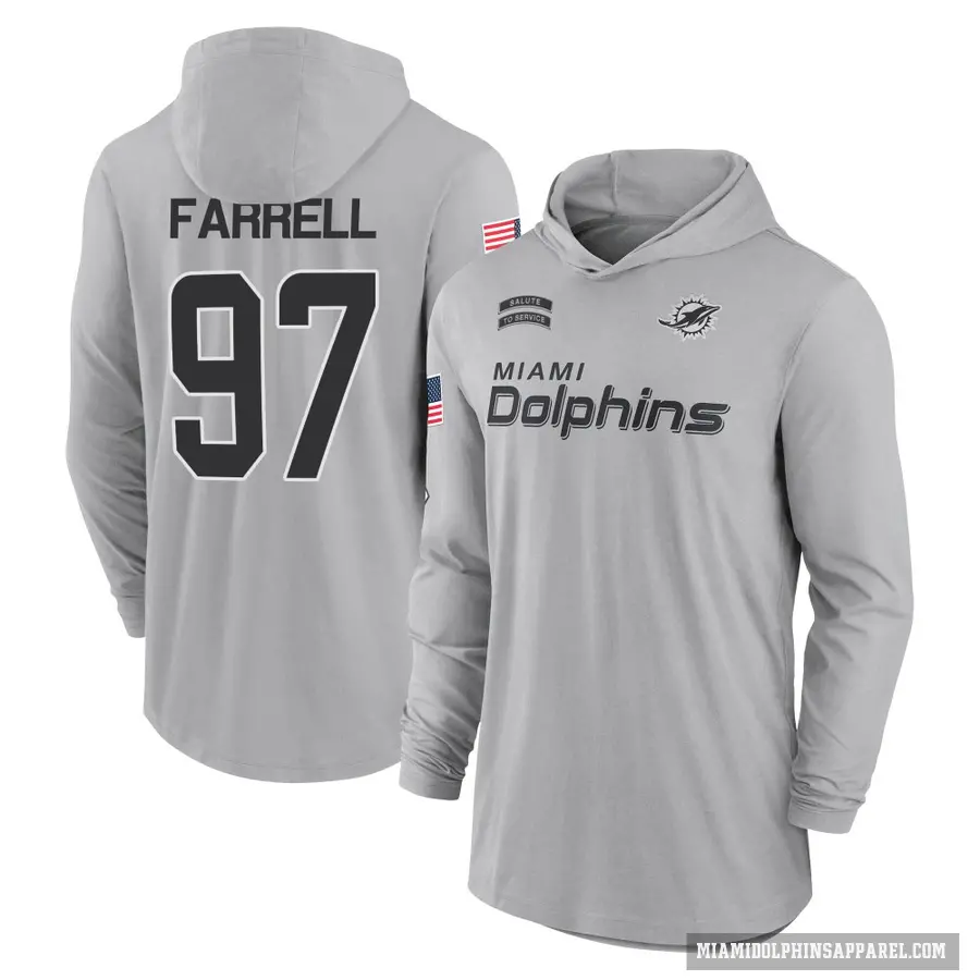 Men's ＃97 Neil Farrell Miami Dolphins Gray 2024 Salute to Service Lightweight Performance Long Sleeve Hooded T-Shirt