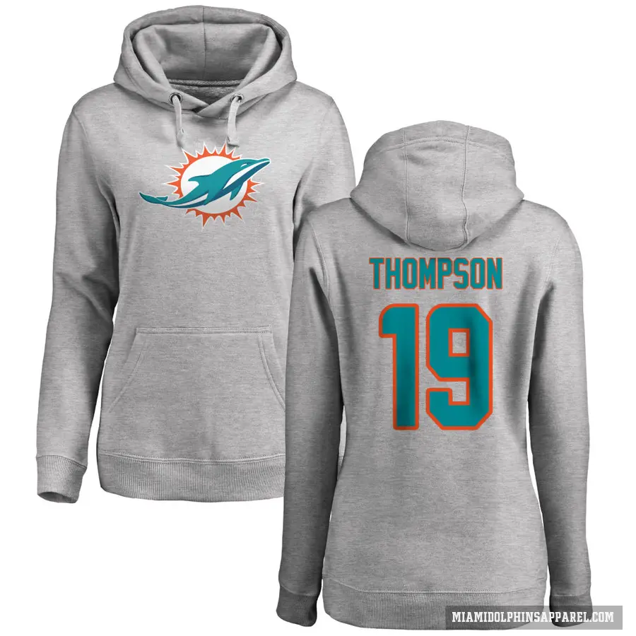 Women's ＃19 Skylar Thompson Miami Dolphins Pro Line Ash Name & Number Logo Pullover Hoodie