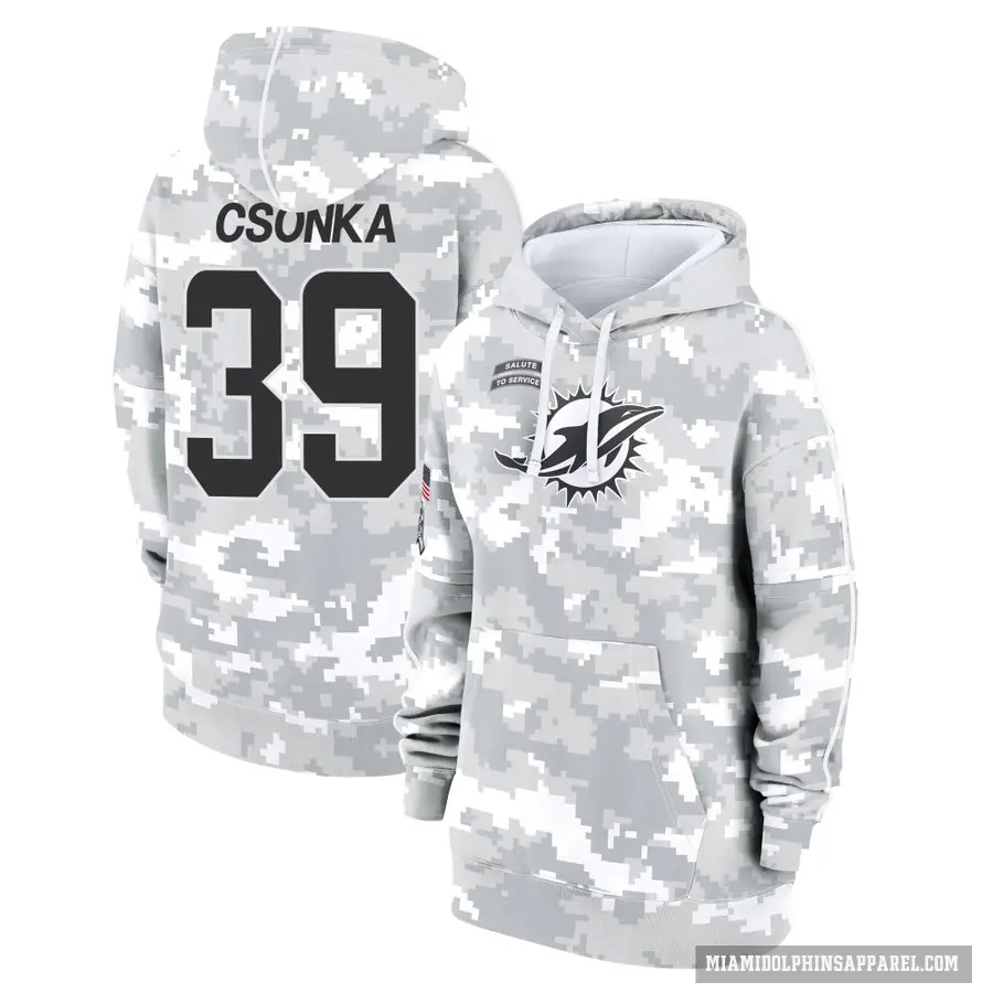 Women's ＃39 Larry Csonka Miami Dolphins Arctic Camo 2024 Salute to Service Club Fleece Pullover Hoodie