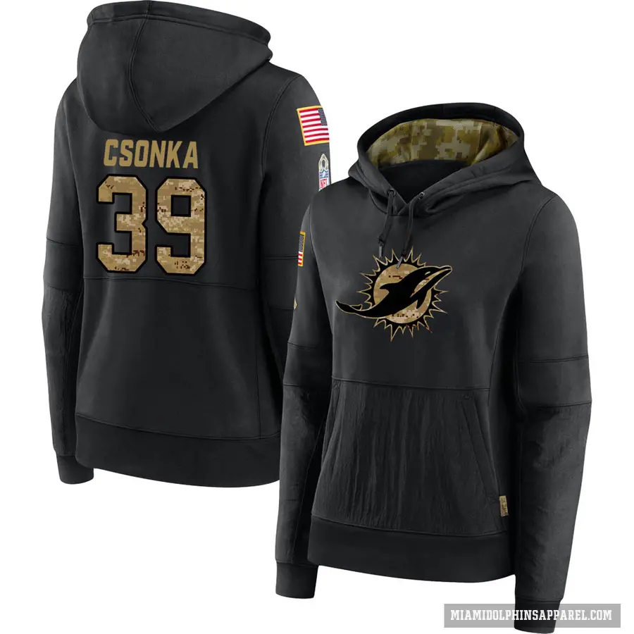 Women's ＃39 Larry Csonka Miami Dolphins Black 2020 Salute to Service Sideline Performance Pullover Hoodie