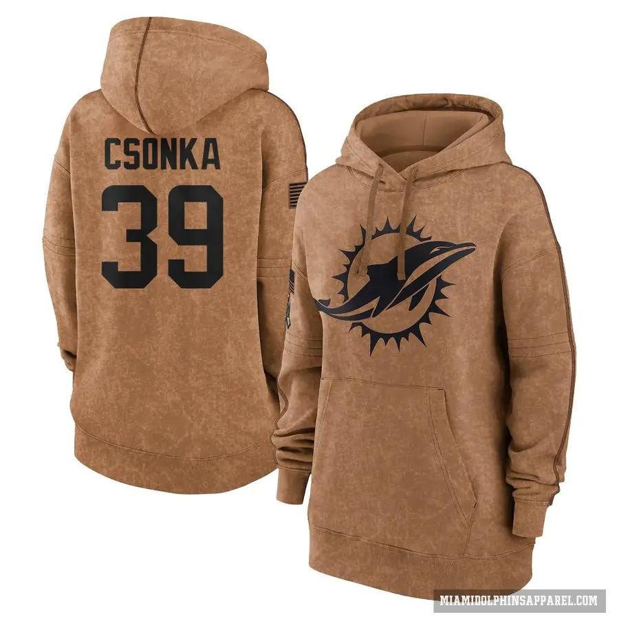 Women's ＃39 Larry Csonka Miami Dolphins Brown 2023 Salute To Service Pullover Hoodie