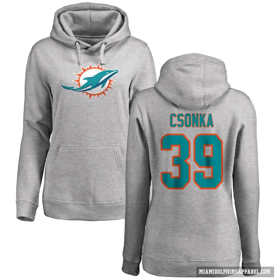 Women's ＃39 Larry Csonka Miami Dolphins Pro Line Ash Name & Number Logo Pullover Hoodie