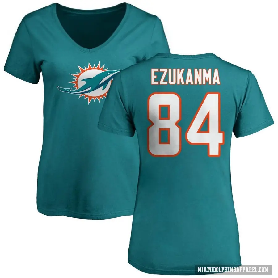 Women's ＃84 Erik Ezukanma Miami Dolphins Aqua Logo Slim Fit T-Shirt