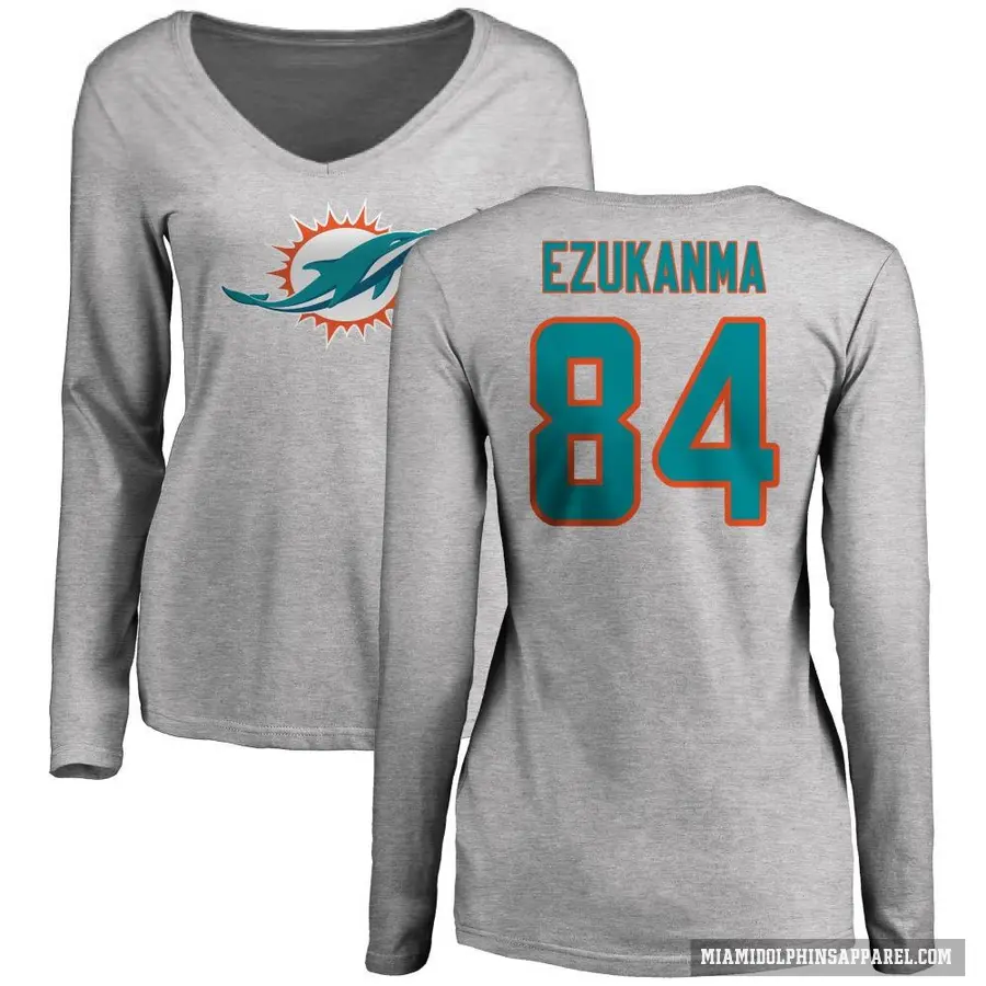 Women's ＃84 Erik Ezukanma Miami Dolphins Ash Logo Slim Fit Long Sleeve T-Shirt