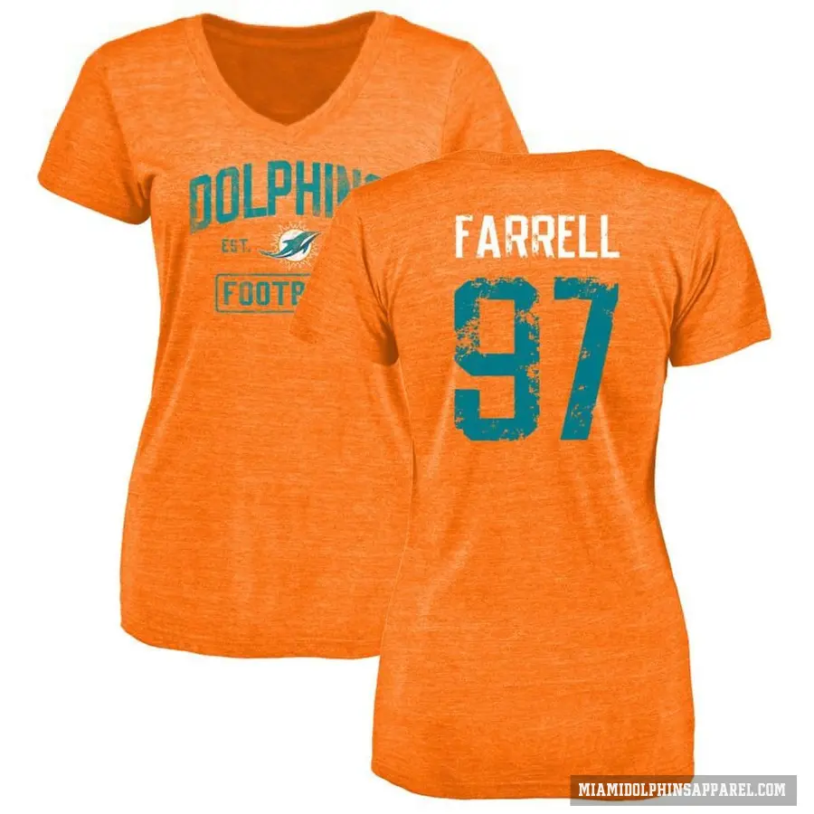 Women's ＃97 Neil Farrell Miami Dolphins Orange Distressed V-Neck T-Shirt