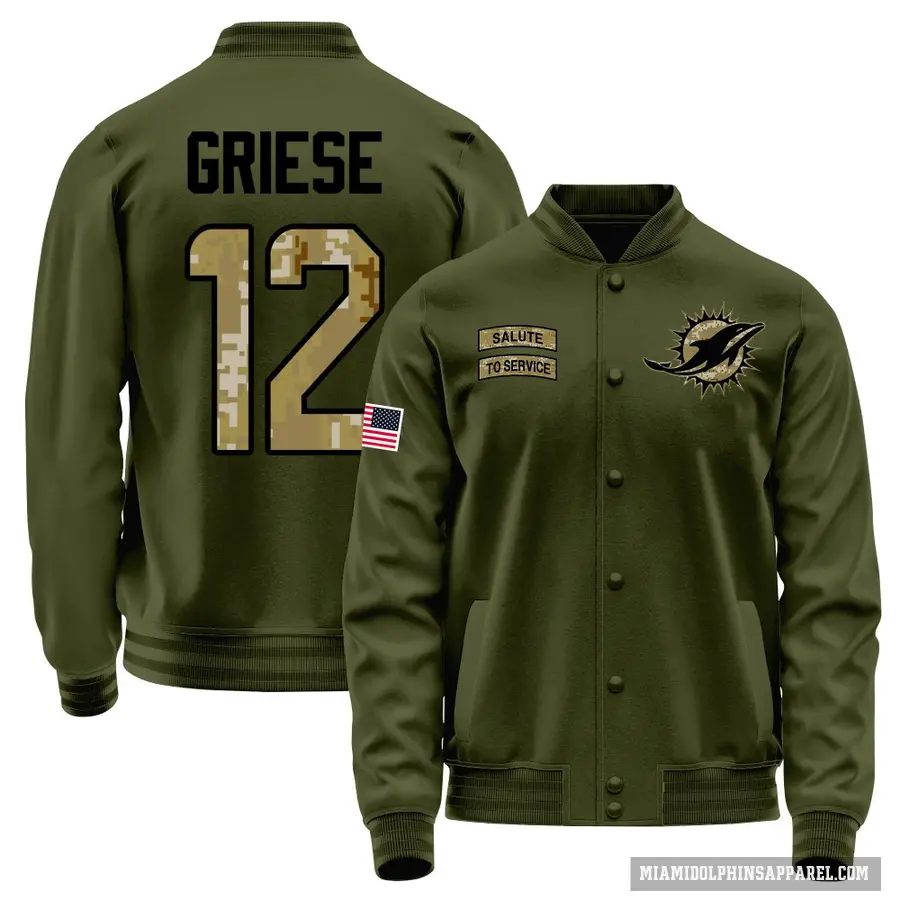 Youth ＃12 Bob Griese Miami Dolphins Olive Salute to Service Sideline Performance Jacket