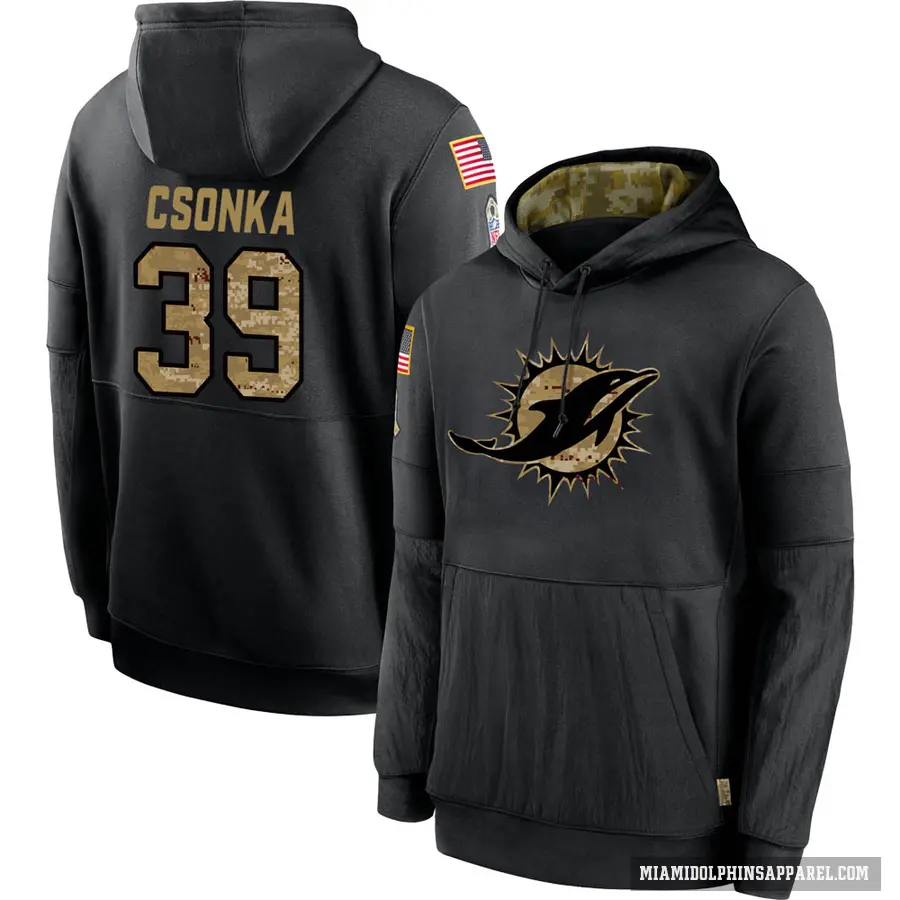 Youth ＃39 Larry Csonka Miami Dolphins Black 2020 Salute to Service Sideline Performance Pullover Hoodie